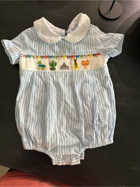 Classic Blue Stripe Smocked One-Piece Romper with White Collar